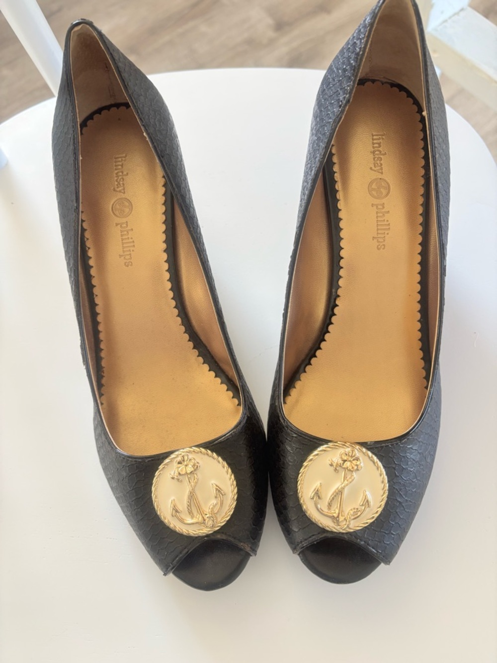 Black Peep-Toe Heels with Gold Anchor Medallion and Option for Snaps